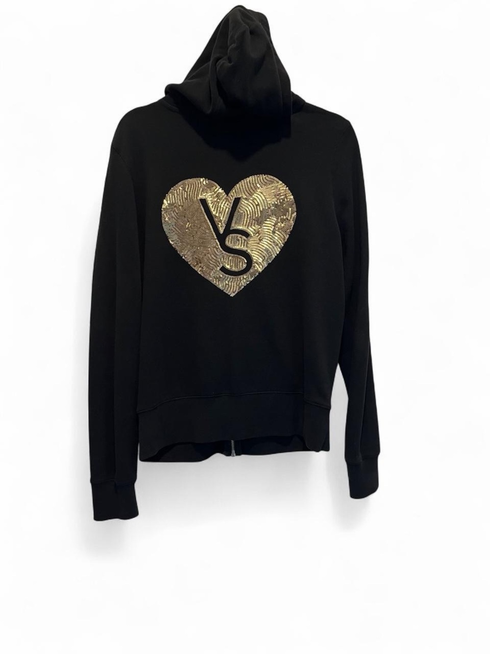 Victoria's Secret Black Hoodie zip up with Gold Heart Sequin Logo
